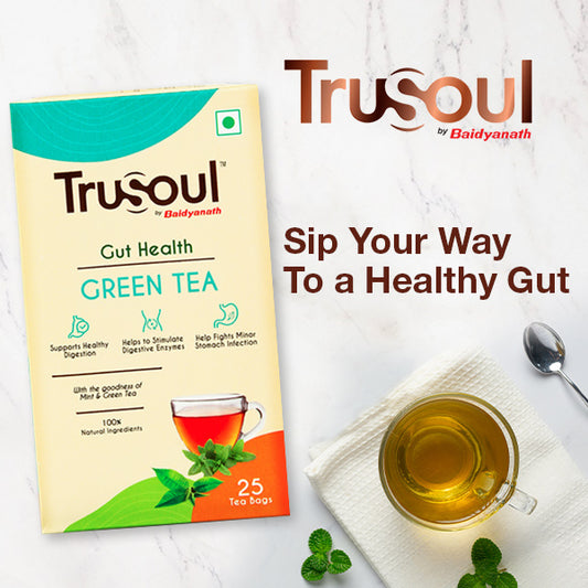 Trusoul Gut Health Green Tea – 25 bags with natural ingredients to support digestion. Sip your way to a healthy gut!