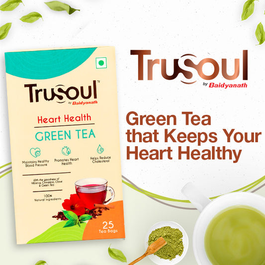 Trusoul heart health green tea box , right side of trusoul logo highlight tagline showcasing green tea that keeps your heart healthy.