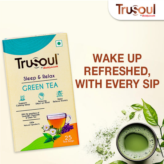 Trusoul sleep & relax green tea box, tagline showcase 'wake up refreshed with every sip'