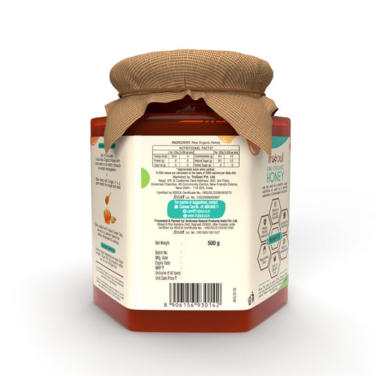 Back Side Trusoul Raw Organic Honey 500g jar with cloth lid.