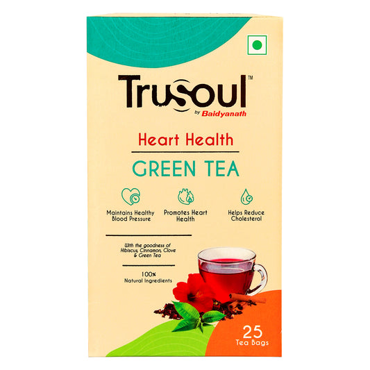 Trusoul Heart Health Green Tea – 25 bags with hibiscus, cinnamon & clove to support BP, cholesterol & overall heart wellness.