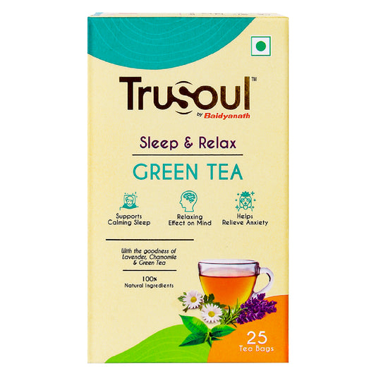 Trusoul Sleep & Relax Green Tea with 25 bags, infused with lavender & chamomile for better sleep, calmness & anxiety relief.