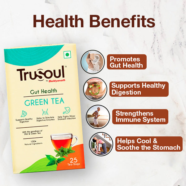 Trusoul Gut Health Green Tea box with the tagline highlighting 'Health Benefits.' Four icons showcase key benefits: promotes gut health, supports healthy digestion, strengthens the immune system, and helps cool and soothe the stomach.