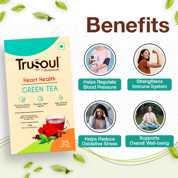 Trusoul heart health green tea box , benefits word highlighted, four images in circle help regulate blood pressure, strengthens immune system, helps reduce oxidative stress, supports overall well being.