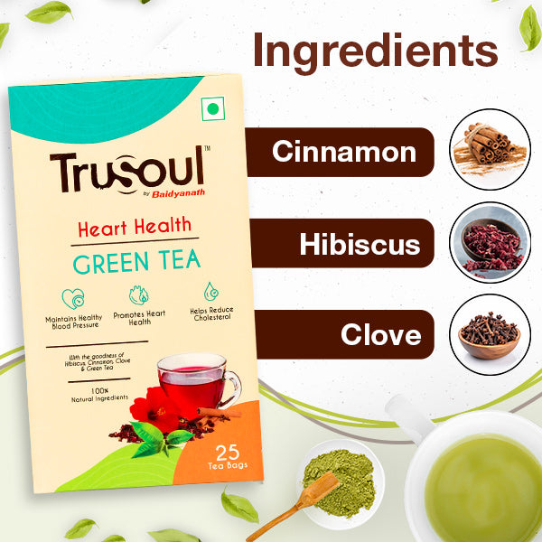 Trusoul Heart Health Green Tea box with the word 'Ingredients' highlighted. Small circular images showcase key ingredients provided by Trusoul Green Tea, such as cinnamon, hibiscus, and clove.