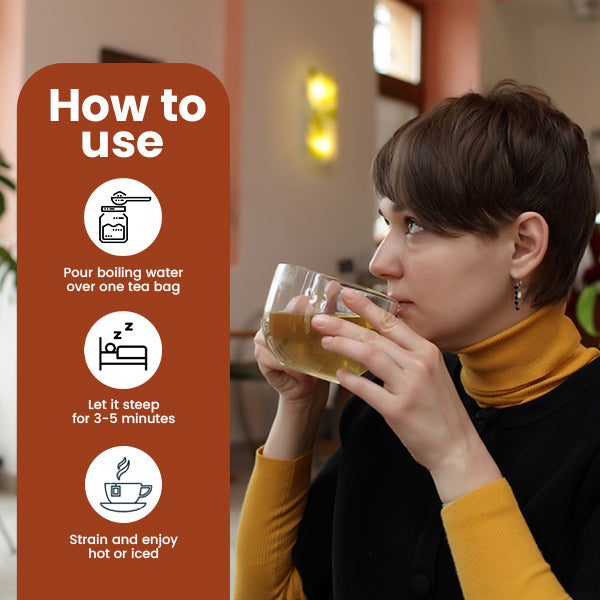 Image of a woman enjoying a cup of tea. On the left, a 'How to Use' guide is displayed with icons: 1) Pour boiling water over one tea bag, 2) Let it steep for 3-5 minutes, 3) Strain and enjoy hot or iced.