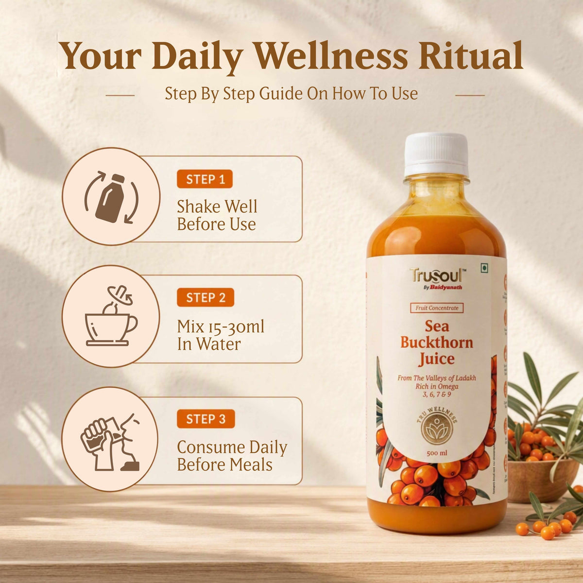 TruSoul By Baidyanath Sea Buckthorn Juice 500ml | Rich in Omega 3, 6, 7 & 9