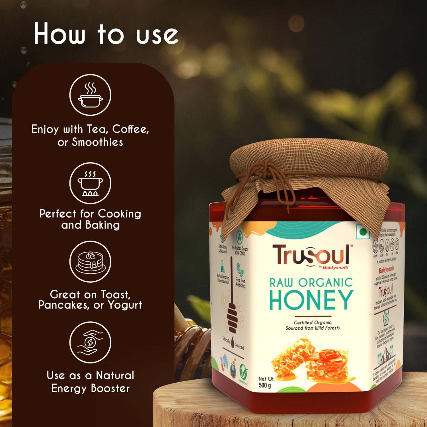 TruSoul Raw Organic Honey, 500gm (Glass Bottle)| Certified Organic Honey sourced from Himalayas