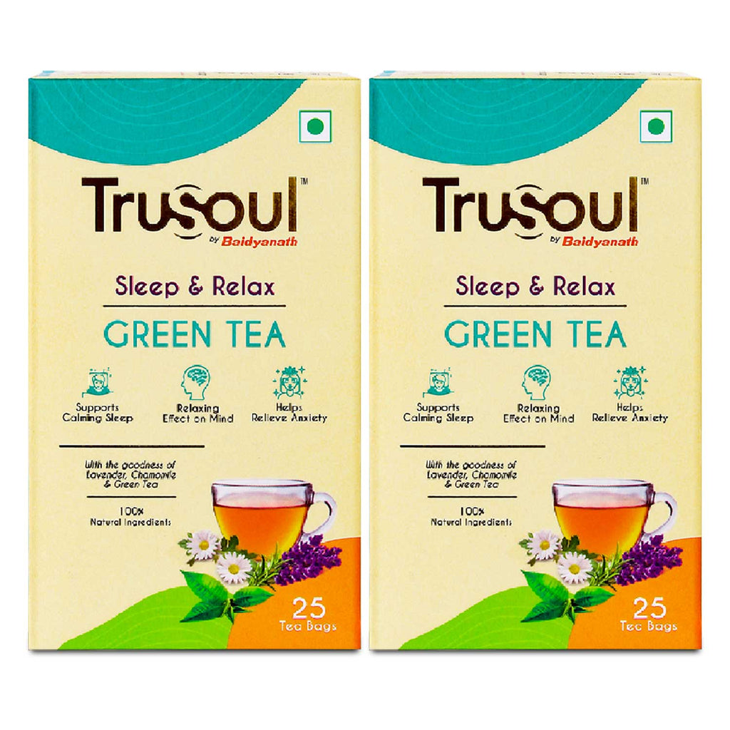 Two packs of Trusoul by Baidyanath Sleep & Relax Green Tea, each containing 25 tea bags, made with lavender, chamomile, and green tea to support calming sleep, relax the mind, and relieve anxiety.
