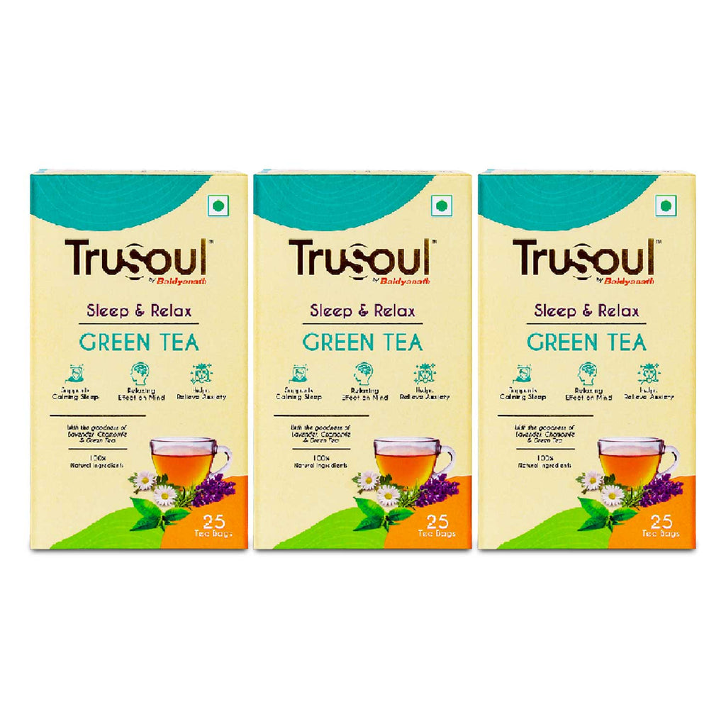 Three packs of Trusoul by Baidyanath Sleep & Relax Green Tea, each containing 25 tea bags, made with lavender, chamomile, and green tea to support calming sleep, relax the mind, and relieve anxiety.